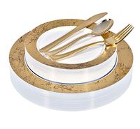 Gold Marble Plastic Dinnerware (125-Piece) Plastic Plates, Plastic Forks, Plastic Knives, Plastic Spoons - Service for 25 Guests Fancy Place Setting for Wedding, Party, Baby Shower, Birthday, Holiday
