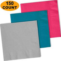 150 Lunch Napkins, Shimmering Silver, Turquoise, Electric Pink - 50 Each Color. 2 Ply Paper Dinner Napkins. 6.5" folded, 13.5" unfolded.