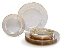 " OCCASIONS" 150pcs set (25 Guests)-Wedding Plastic Plates & cutlery -Disposable heavyweight Dinnerware 10.5'', 7.5'' + Silverware w/double fork (Seasons Clear w/Gold Glitter)