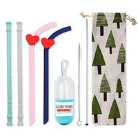 SYOSIN Reusable Drinking Straws 4 Pieces Eco Friendly Collapsible Straws Foldable Silicone Straws BPA Free with 1 Reusable Capsule Case, 1 Straw Bag, 2 Cleaning Brush for Kids & Adults