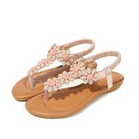 Cenglings Women Casual Clip Toe Rhinestone Pearl T-Strap Sandals Casual Wedges Elastic Band Bohemian Beach Shoes Pink