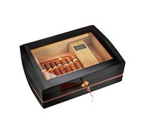 LHFJ Cigar Humidor Cedar Wooden Transparent Glass Cigar Cabinet with Digital Hygrometer Humidifier Capacity 75