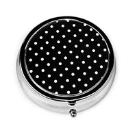 Pill Box Classic White Black Polka Dot  Round Pill Case Daily Metal Silver Medicine Tablet Holder Organizer Carry Cases for Purse Pocket Travel Vitamin,Small 2 inch,3 Compartment
