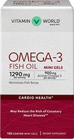 Vitamin World Omega-3 Fish Oil Premium Coated Mini Gels 900mg 120 Softgels, Heart Health, Cardio Support, Coated, Gluten Free
