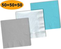 150 Beverage Napkins, Shimmering Silver, Bright White, Island Blue - 50 Each Color. 2 Ply Paper Cocktail Napkins. 5" folded, 10" unfolded.