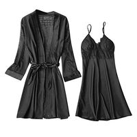 TIFENNY Lingerie for Women Silk Solid Robe Dress Babydoll Sleepwear Nightdress Pajamas Sets Cardigan + Sleepdress