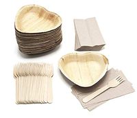 25 Heart Shaped Palm Leaf Plates Set with forks and napkins - Disposable Eco-Friendly Special Occasion Party Supply - I Love You Food Serving Idea