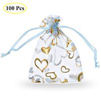 SumDirect 100Pcs 3.5x4.7 Inches Sheer Drawstring Heart Organza Jewelry Pouches Wedding Party Christmas Favor Gift Bags (Light Blue)