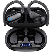 Bluetooth Headphones Wireless Earbuds 48hrs Playback IPX7 Waterproof Earphones Over-Ear Stereo Bass Headset with Earhooks Microphone LED Battery Display for Sports/Workout/Gym/Running GNMN Black