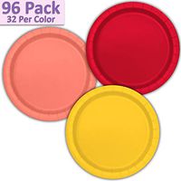 96 Paper Dinner Plates (9") - Red, Coral, Sunshine Yellow - 32 Per Color, 3 Colors - Great Assortment for Birthday Parties, Weddings, Holidays, Baby Shower, Celebrations, and more