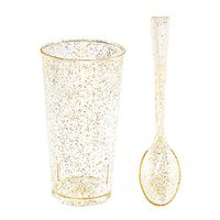 Small Plastic Dessert Cups with Mini Spoons Gold Glitter, Includes 100 Pieces Disposable Round Shooter Glasses 3 Oz and 100 Pieces Gold Mini Spoons