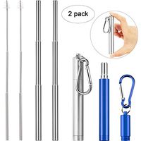 2 Pack Reusable Metal Straws Telescopic Stainless Steel Drinking Straws Portable Collapsible Straws Keychain with Carrying Case and Cleaning Brush (Silver Straw, Silver and Blue)