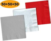 150 Beverage Napkins, Shimmering Silver, Bright White, Red - 50 Each Color. 2 Ply Paper Cocktail Napkins. 5" folded, 10" unfolded.