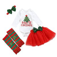 MINGLIFE 4Pcs Christmas Baby Girls Outfits1PC Romper+1PC Dress +1PC Hairband+1Pair Leg Warmers White