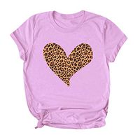 Sunhusing Women's Casual Round Neck Short Sleeve Leopard Love Heart Pattern Print Slim Solid Color T-Shirt(Pink,2XL)