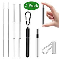 Senneny 2 Pack Telescopic Reusable Straws Stainless Steel Metal Drinking Straw Portable Collapsible Straw with Travel Case Cleaning Brush Keychain (Black & Silver)