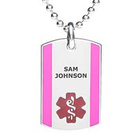 Divoti Deep Custom Laser Engraved Stainless Steel Medical Alert Necklace for Women, Steel Urban Tag Medical ID Necklace, Medical Dog Tag w/Free Engraving Chain 24 in Ball-TP Red/Pink