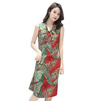 Pinleg Chiffon Dress, Women's Summer Leaf Print Sleeveless Korean Bow Floral Neck Dress Midi Dress for Loose Fit Casual for Party Daily Beach (Orange, M)