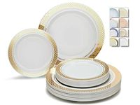 " OCCASIONS " 50 Plates Pack (25 Guests)-Heavyweight Wedding Party Disposable Plastic Plate Set -25 x 10.5'' Dinner + 25 x 7.5'' Salad/Dessert plates (Celebration White & Gold)