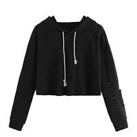 Women's Autumn Winter Solid Color Ripped Hole Long Sleeve Sweatshirts Hoodies Casual Loose Pullover Crop Tops Black