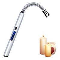 Candle Lighter, GKCI Windproof Electric Arc Lighter with LED Battery Display Safety Switch, USB Rechargeable Lighter/Longer Flexible Neck for Camping Cooking BBQs Fireworks (Gray)