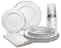 " OCCASIONS" 320pcs set (40 Guests)-Heavyweight Wedding Party Disposable Plastic Plate Set - 40 x 10.5'' + 40 x 8'' + Silverware + Cups + Napkins (Imperial in White & Silver Rim)