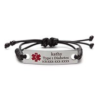 BAIYI Jewelry Medical Alert ID Bracelet Stainless Steel with Braided Rope Emergency Medical Bracelet Black (Free Engraving)