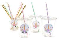 Unicorn Birthday Party Cups 12 oz Disposable Plastic Lids Straws (12 Count)