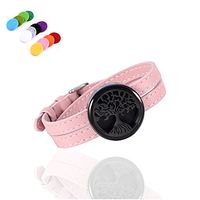 constantlife Pink Genuine Leather Band Aromatherapy Jewelry Oil Diffuser Bracelet Stainless Steel Essential Oil Diffuser Lockets with 12 Felt Pads (Black-Pink Tree of Life)