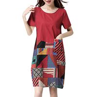 Vintage Summer Casual Cute Women Cotton Linen Short Sleeve Loose Midi Dress Red