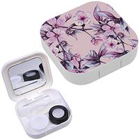 Portable Contact Lens Case Box Travel Kit Mirror + Bottle + Tweezers Container Holder [ Branch Pink Cherry Flowers ]