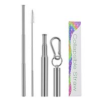 Jomo Metal Straws with Case Collapsible Telescopic Reusable Straws Portable Stainless Steel Metal Drinking Straw with Case Cleaning Brush Keychain (1, silver)