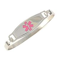 Women's Medical Alert ID Bracelet - Bangle, Custom Engraving Included, Stainless Steel - Pink, Size S/M