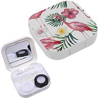 Portable Contact Lens Case Box Travel Kit Mirror + Bottle + Tweezers Container Holder [ Watercolor Tropical Flowers Palm Leaves ]