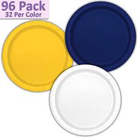 96 Paper Dinner Plates (9") - Navy Blue, Sunshine Yellow, White - 32 Per Color, 3 Colors - Great Assortment for Birthday Parties, Weddings, Holidays, Baby Shower, Celebrations, and more