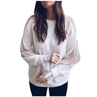 Meikosks Ladies Lace Hollow Out Patchwork Long Sleeve Blouses Solid Color O-Neck Tops