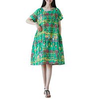 Vintage Summer Casual Cute Women Short Sleeve Knee Length Loose Hem Dress Green