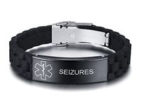 VNOX SEIZURES Medical Alert ID Black Silicone Rubber Stainless Steel Adjust Bracelet Wristband for Men