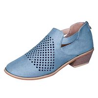 Xia&Han Womens Tops Women's Ankle Boots Hollow Out Buckle Ankle Slip On Low Chunky Heel Casual Shoes Cutout Boots Blue
