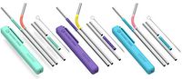 Asobu Reusable Metal and Silicone Straw with Cleaning Brush and Case (Mint Coral/Purple Yellow/Blue Pink)