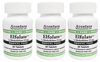Elfolate® 15mg 3 Pack L-Methylfolate Methyl Folate Methylfolate Medical Food Supplement Doctor Recommended Professional Strength Active Pure Potent 30 Tablets