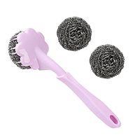 Kxtffeect Set of 1 Multipurpose Replaceable Plastic Handle and Stainless Steel Wire Scrubbers - Dish/Pot//Sink Brushes, 1 Handle and 2Pcs of Scouring/Cleaning Steel Wire Balls (Pink)