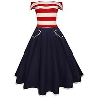 Fanteecy Womens Vintage American Flag Off Shoulder Fit and Flare Evening Party Prom Swing Midi Dress (S, Navy)