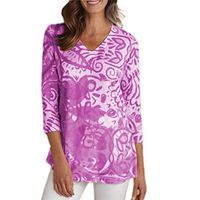 ▶HebeTop◄ Women's Cropped Sleeve Casual Vintage Print V-Neck Top Joker T-Shirt Pink