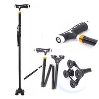 XIHAA Outdoor Elderly Walking Stick,With LED Lamp Small Four Feet Magnetic Therapy Crutch Fold Ultra-Light Adjustable Portable Aluminum Alloy Anti-Skid