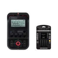 Roland R-07 Portable High-Resolution Audio Recorder - Black - with Panasonic Charger with 4 Pro Eneloop AA Size Batteries