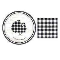 Disposable Fall Paper Plates and Luncheon Napkins, Set of 16-10 1/2 Inch Plates and 32 Napkins (Black & White Check)