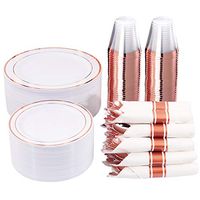 350 Pieces Rose Gold Plastic Dinnerware, 50 Guests Disposable Plates with Rose Gold silverware and Cups 10 OZ, 50 Per Rolled Napkins with Rose Gold Cutlery, Perfect for Wedding and Parties