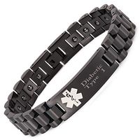 Wollet Stainless Steel Medical Alert ID Stretch Allergy Bracelet Men Women with Magnetic Hematite (Black-Diabetic Type 1, 19.7-21.2cm)