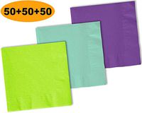 150 Beverage Napkins, Lime Green, Mint, Amethyst - 50 Each Color. 2 Ply Paper Cocktail Napkins. 5" folded, 10" unfolded.